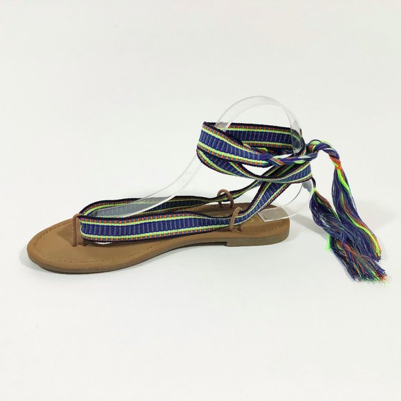 EUC  Braided Ribbon Ankle Tie Flat Thong Sandals - Picture 3 of 11